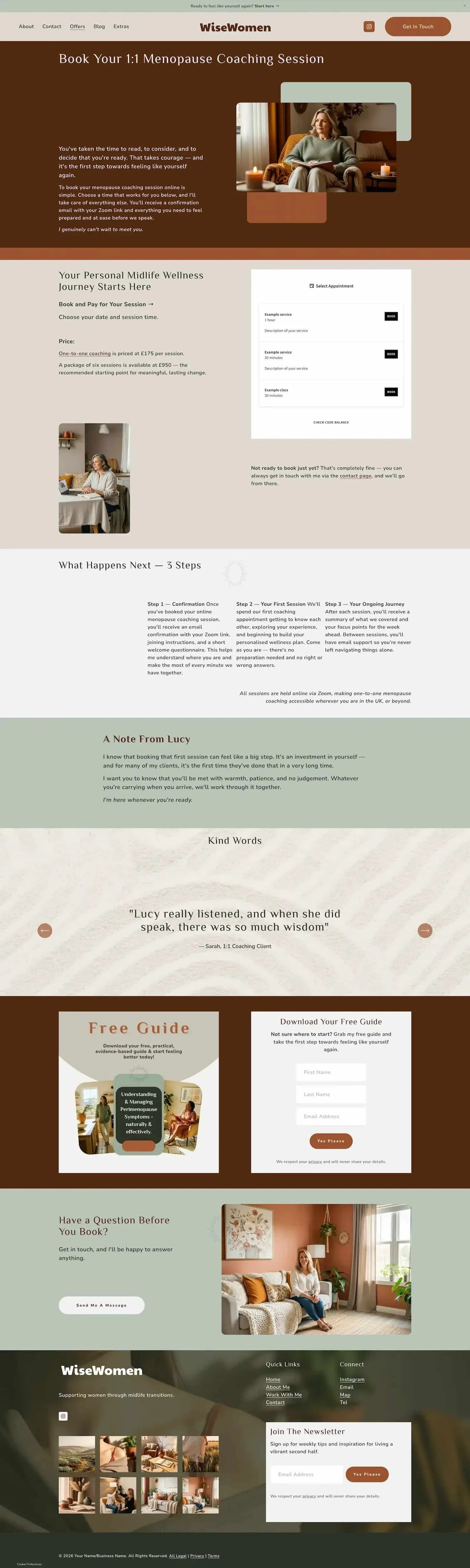 Scheduling page mockup for WiseWomen Squarespace website template by Jane Hinchliffe