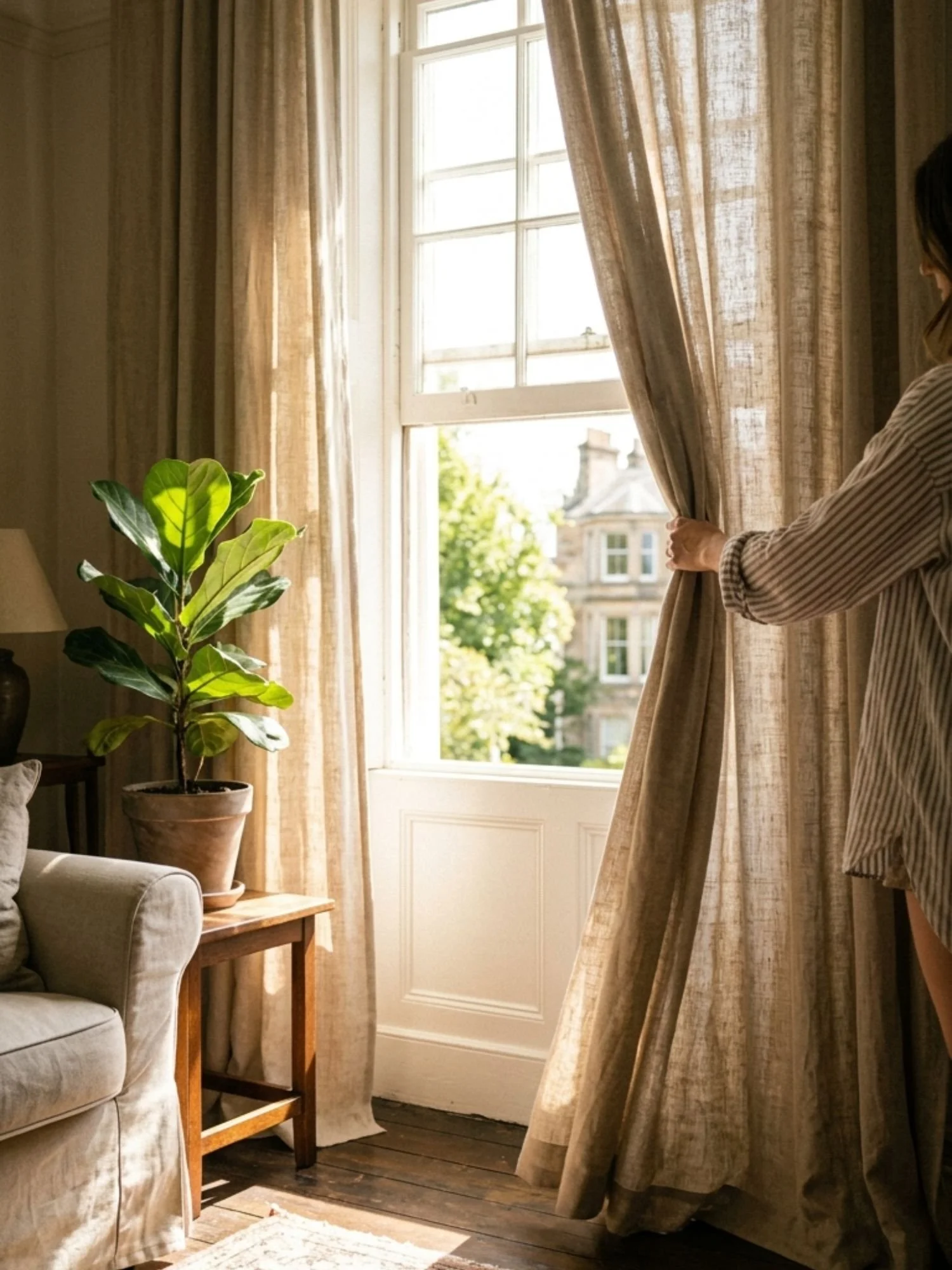 Linen curtains being drawn open representing the calm felt after a Web Strategy Session
