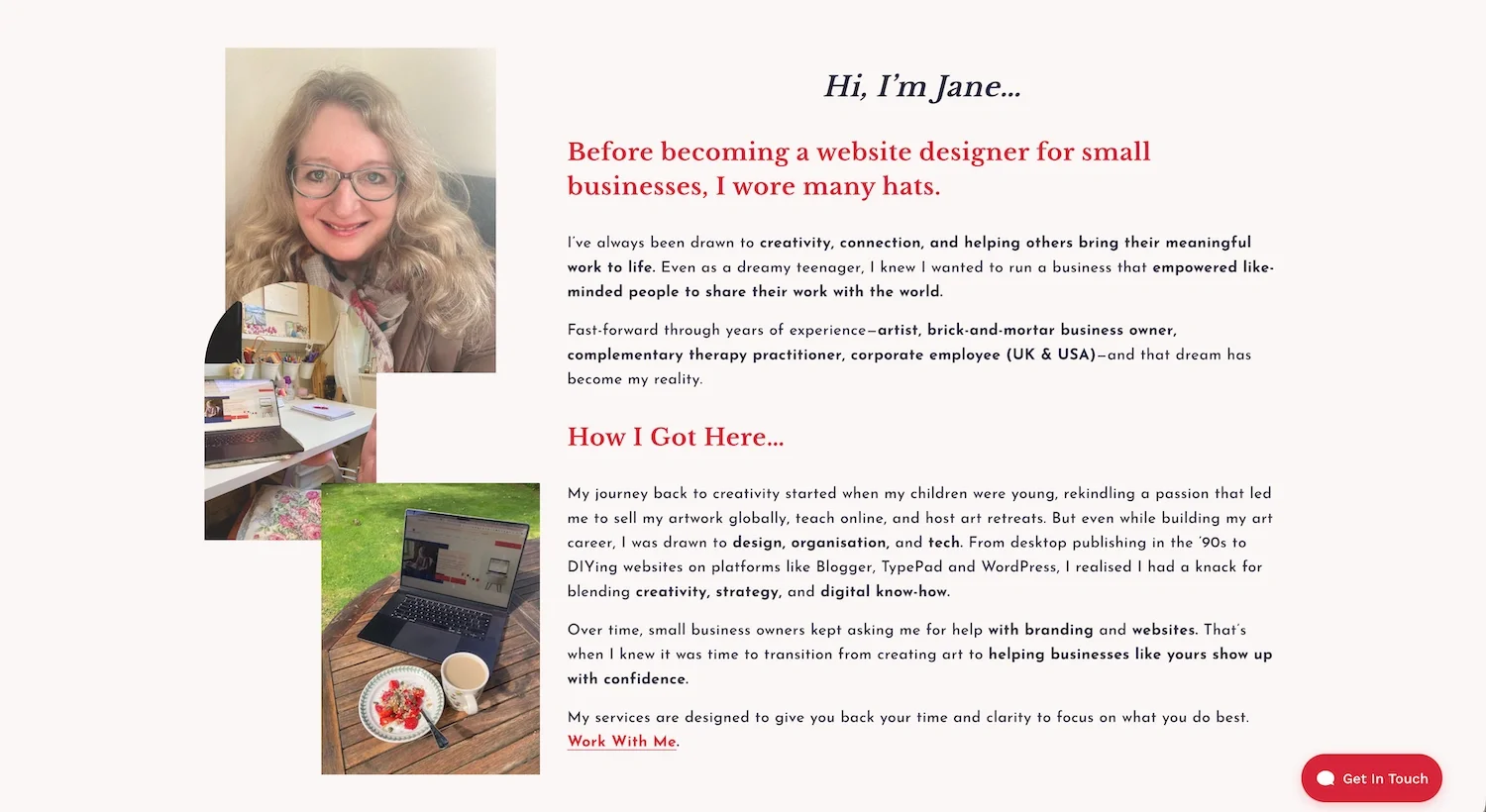Example of Jane Hinchliffe about page with correct web colour contrast
