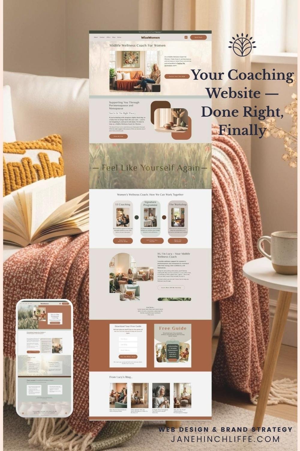 Mockup of WiseWomen template as an affordable website for coaches designed by Jane Hinchliffe, Squarespace designer