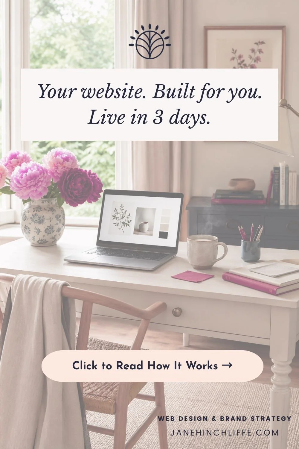 Modern office desk, peonies in a vase with laptop open representing the the done-for-you Squarespace website build in 3 days with Jane Hinchliffe