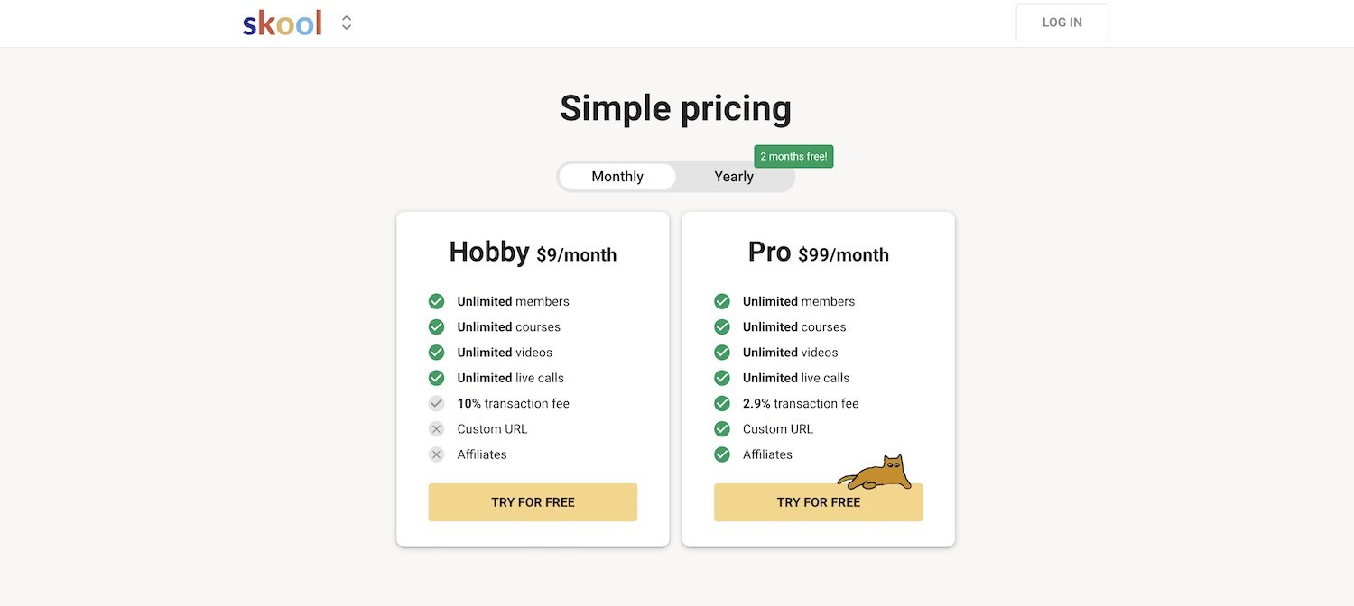 Skool pricing screenshot