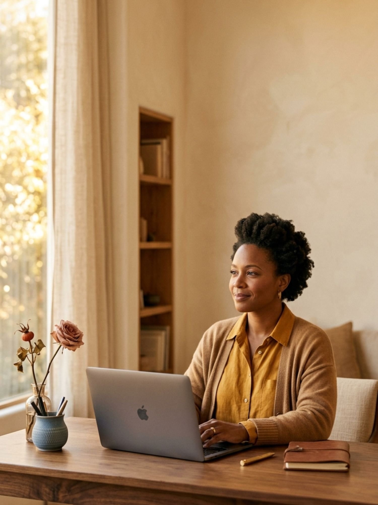 Smiling woman sat at her desk and looking beyond her laptop portraying calm and ease after a Web Audit Service session