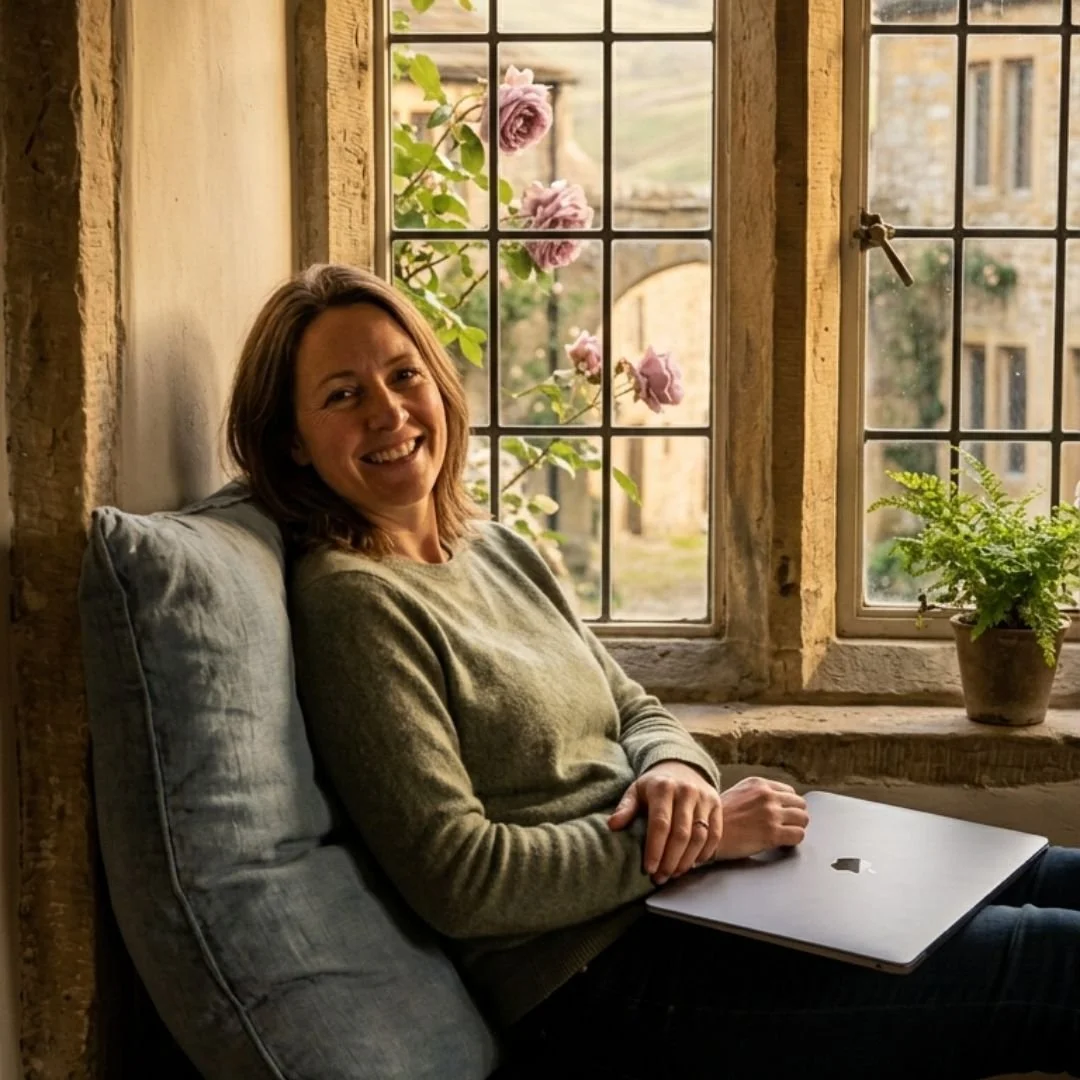 Woman on window seat at home, holding a closed laptop representing a completed Squarespace Help session with Jane Hinchliffe.