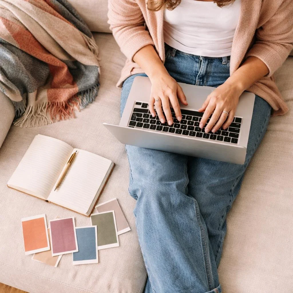 A woman typing on her laptop, no face, representing the 3-day Squarespace website template build service and her choosing a colour palette from swatches for the prep