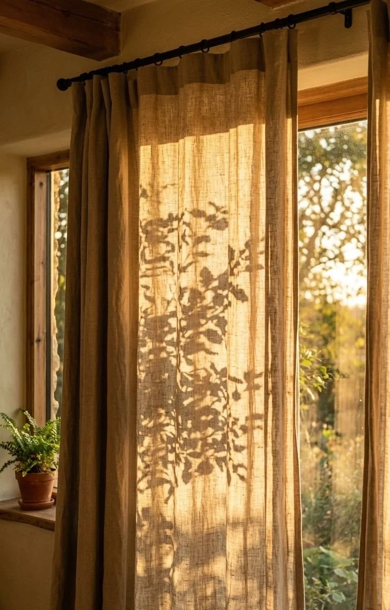 Shadows falling on a linen curtain representing the calm of working with a professional web designer