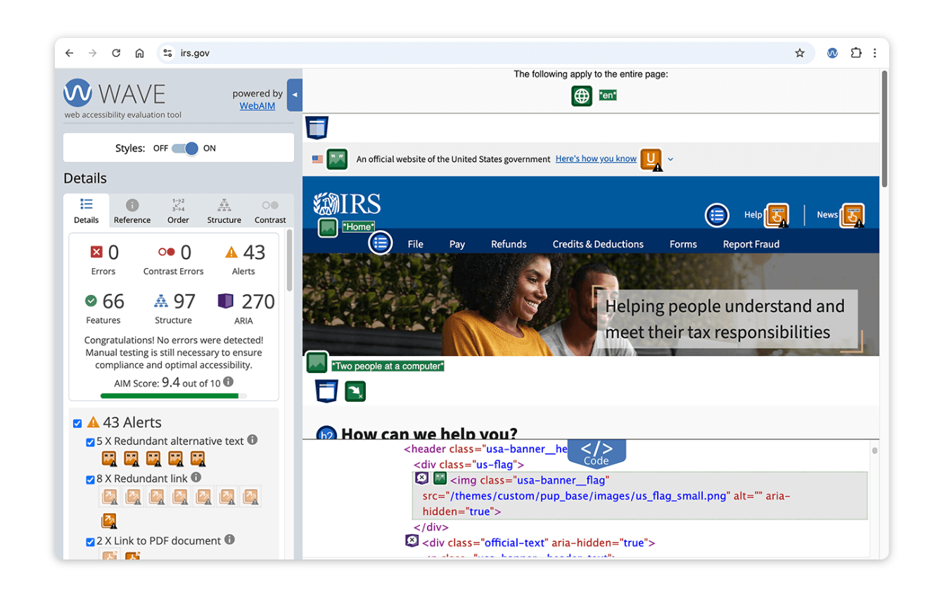 Screenshot of WAVE browser extension for web colour contrast and accessibility