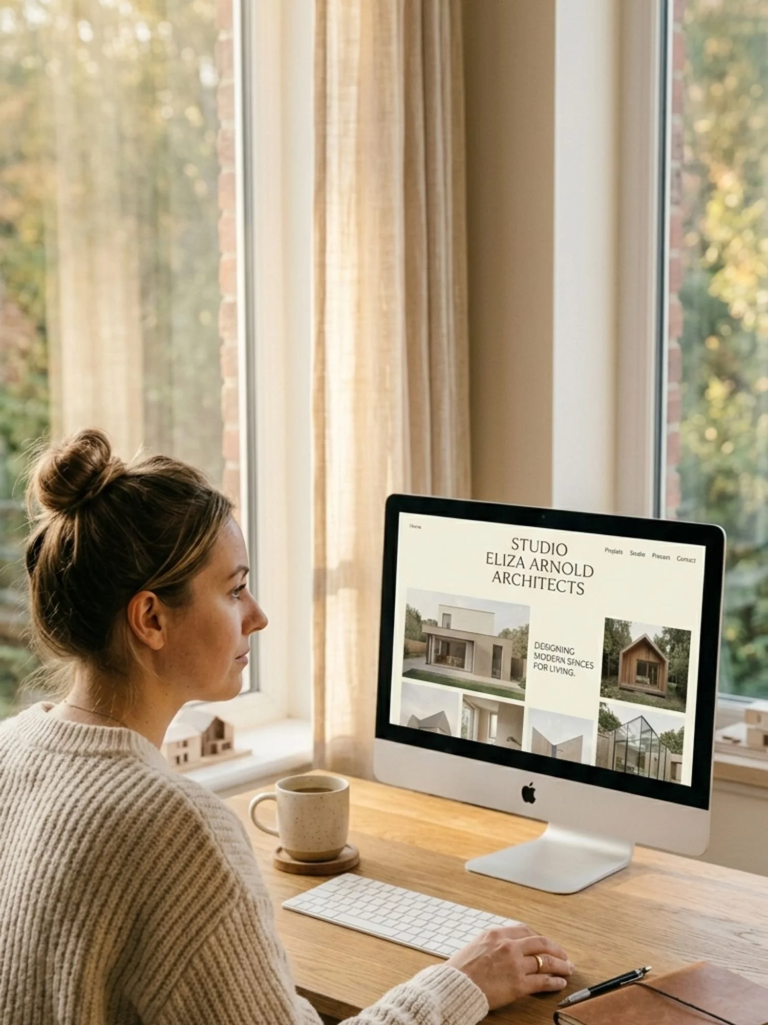 Woman considering a Web Strategy Session as she looks at her architect website from her desk