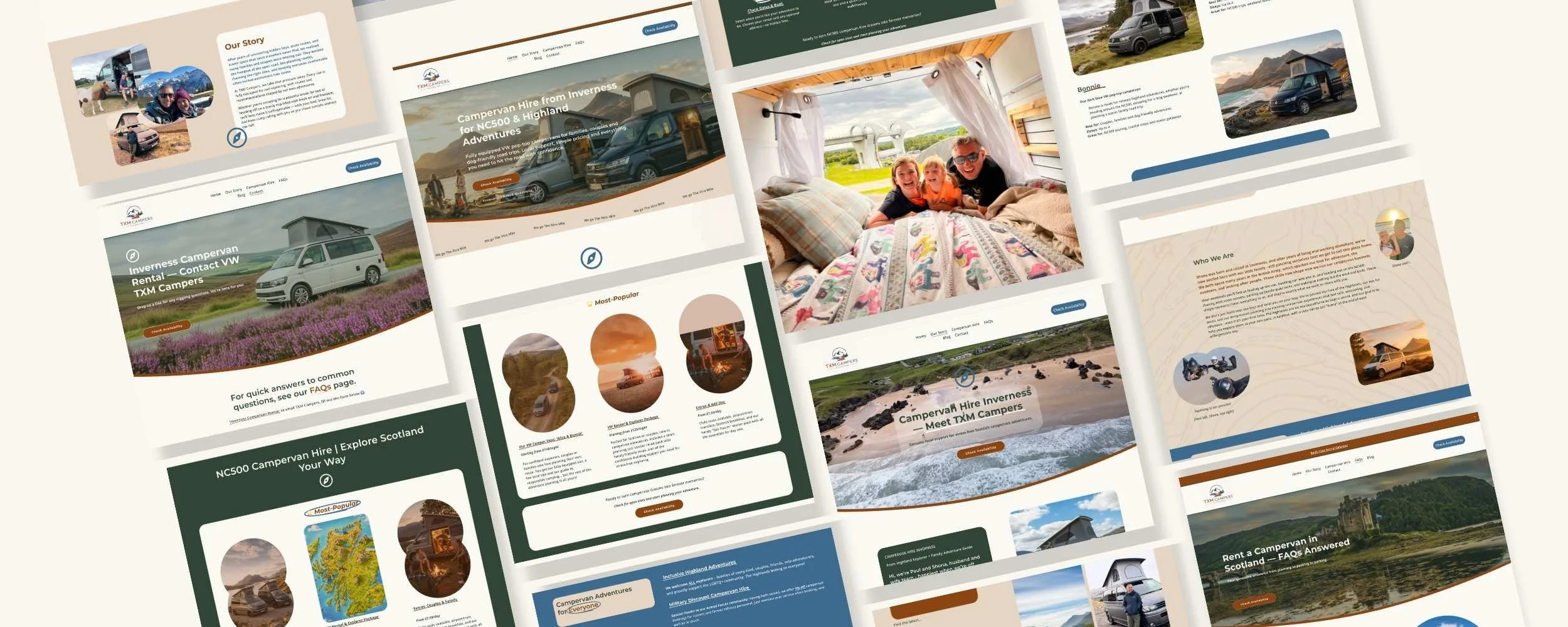 Custom Squarespace booking website for a campervan business showing website collage