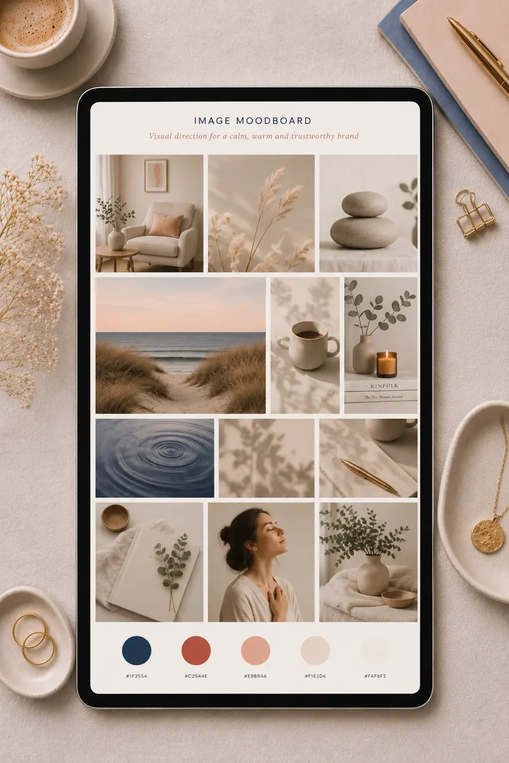 Image moodboard mockup representing working on an add on for a 3-day Squarespace website template build project with Jane Hinchliffe