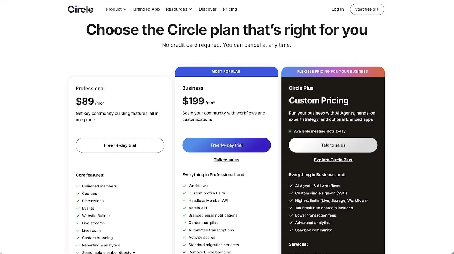 Circle pricing screenshot