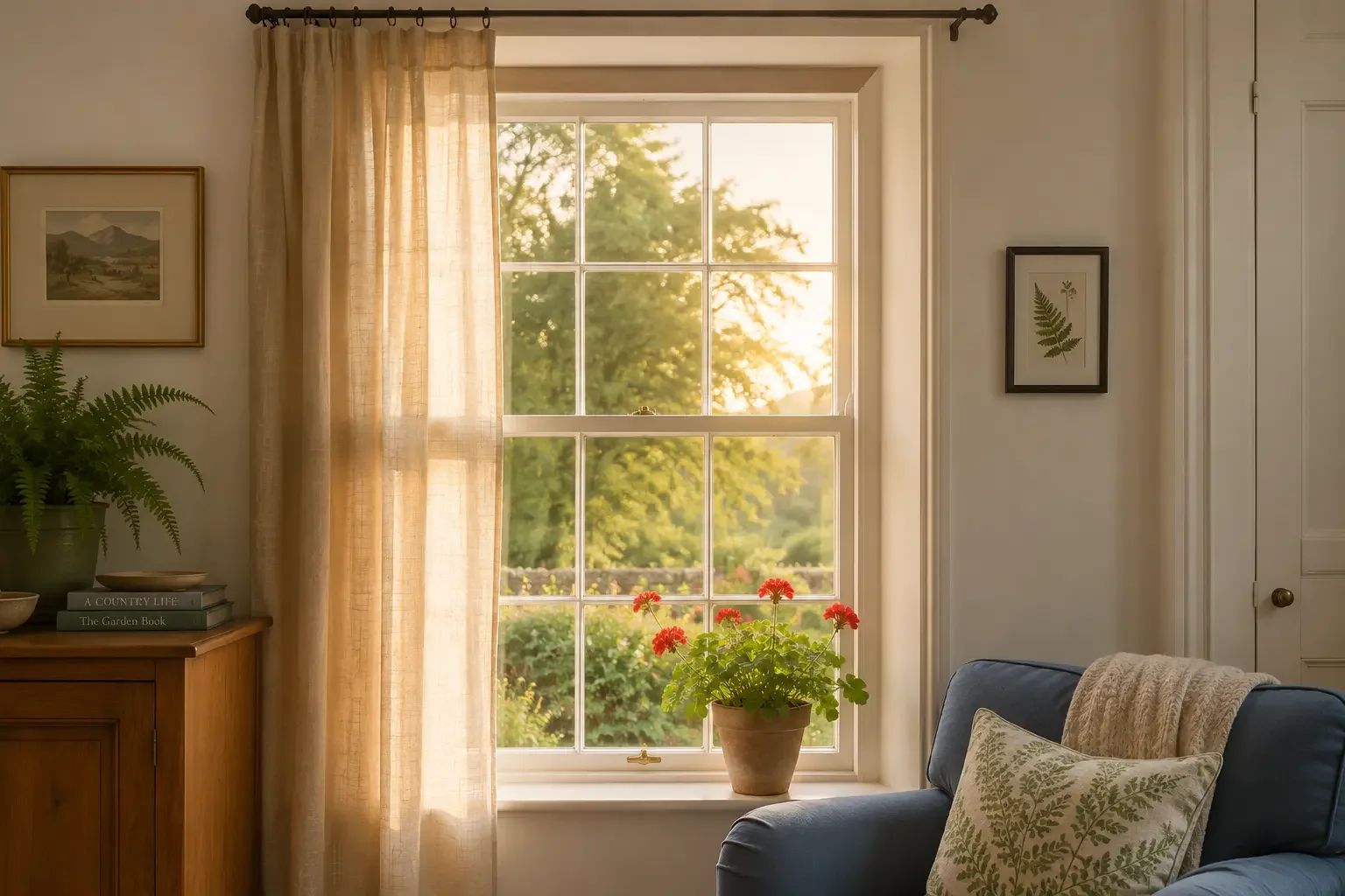 Window scene with linen curtain and blue armchair with geranium plant on window sill representing Squarespace Web Designer work with Jane Hinchliffe