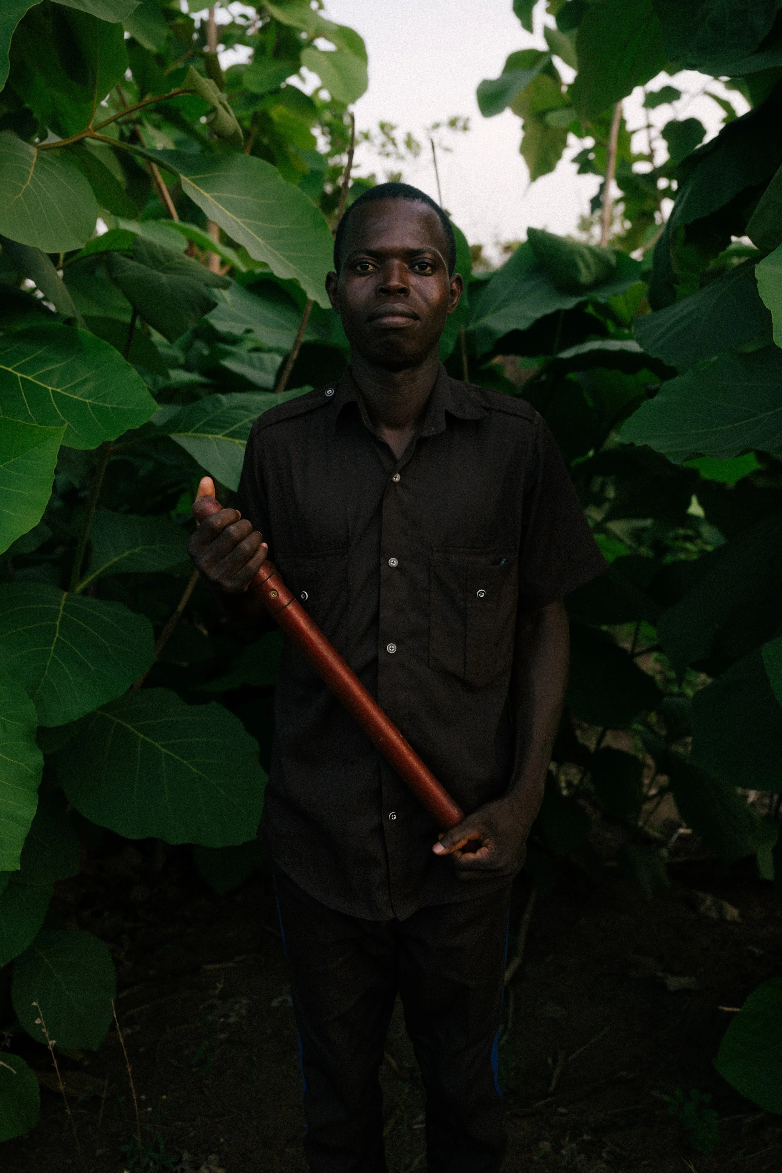 A man standing in a lush green plant-filled area, holding a long wooden staff, wearing a black shirt.