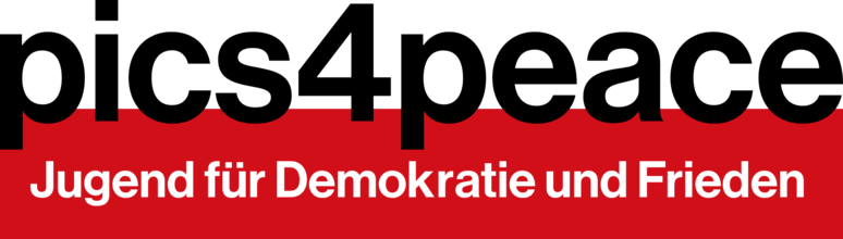 Text in German that says "Jugend für Demokratie und Frieden" with additional black and red decorative elements.