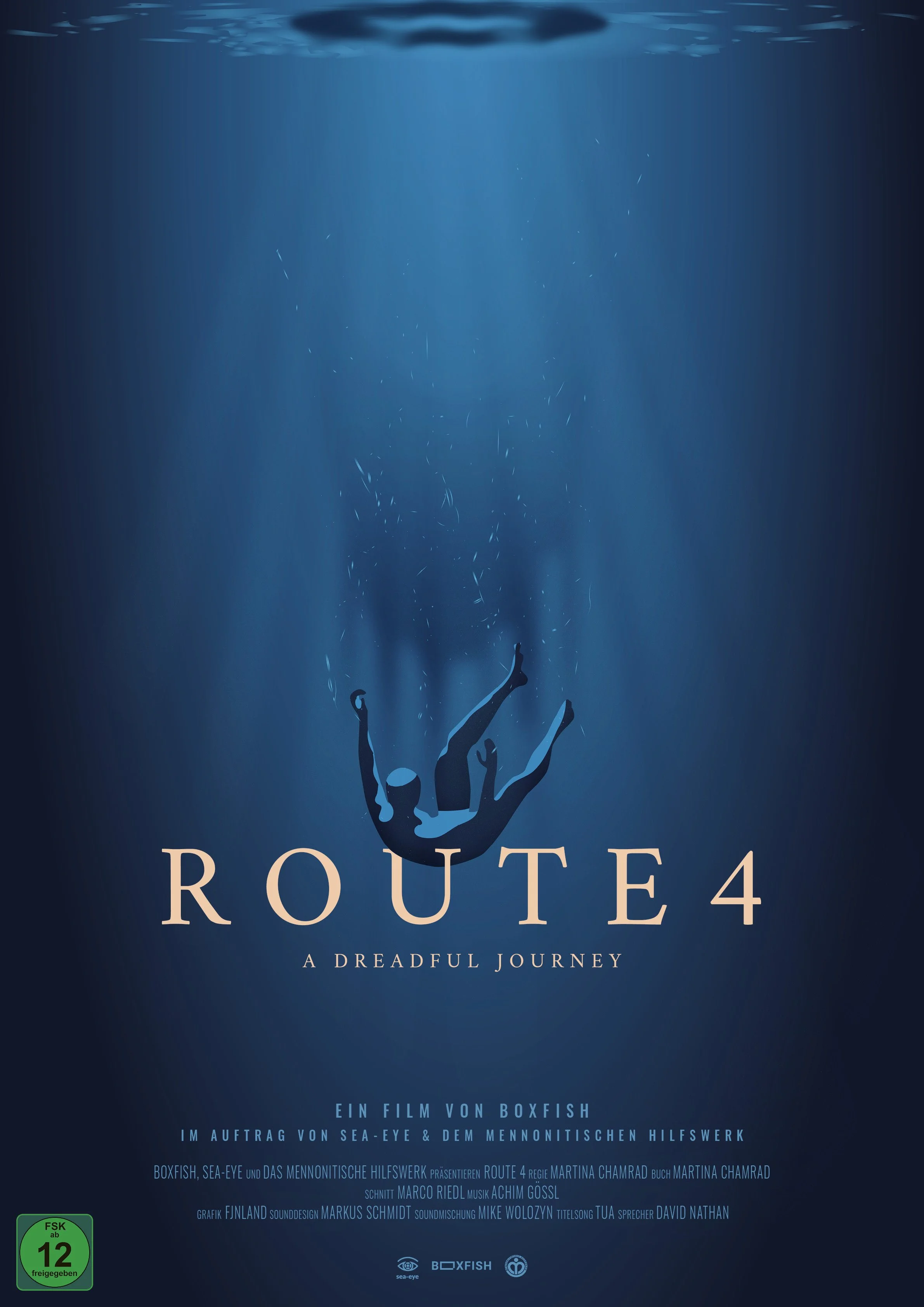 Movie poster for 'Route 4: A Dreadful Journey' depicting a diver swimming downward into deep blue water.
