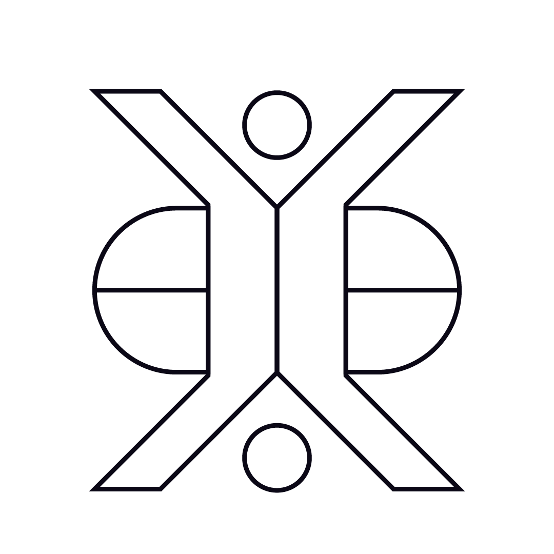 Geometric drawing of an outline square with sections divided by vertical, horizontal, and half circle lines.