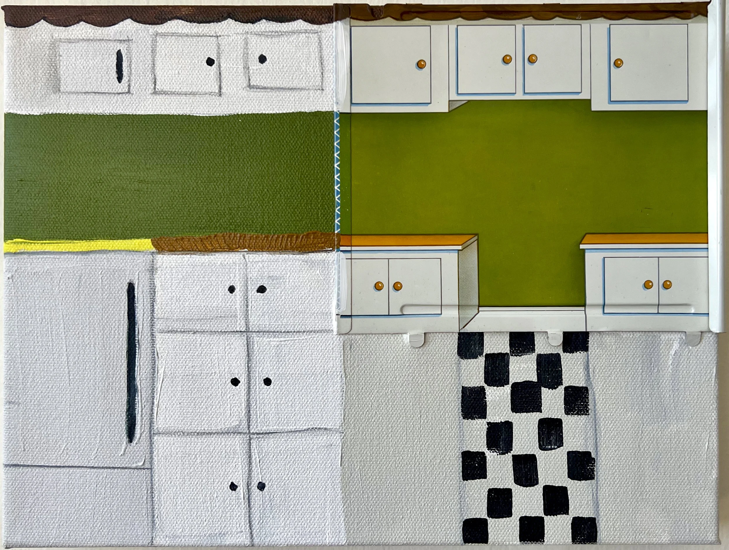 Artwork titled 'all the cupboards of all the mothers', 12” x 9”  Tin-Litho, acrylic paint on canvas  (2023)