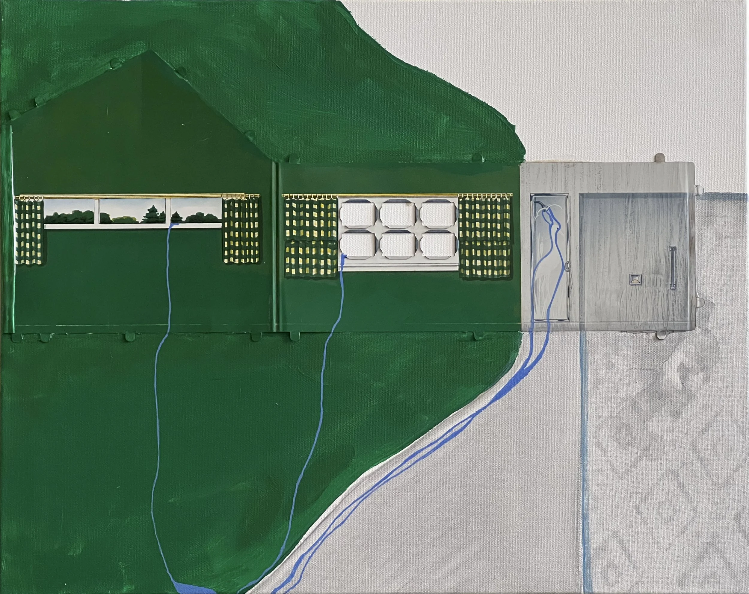 Artwork titled 'water leak', 20” x 16”  Tin-Litho, acrylic paint on canvas (2023)