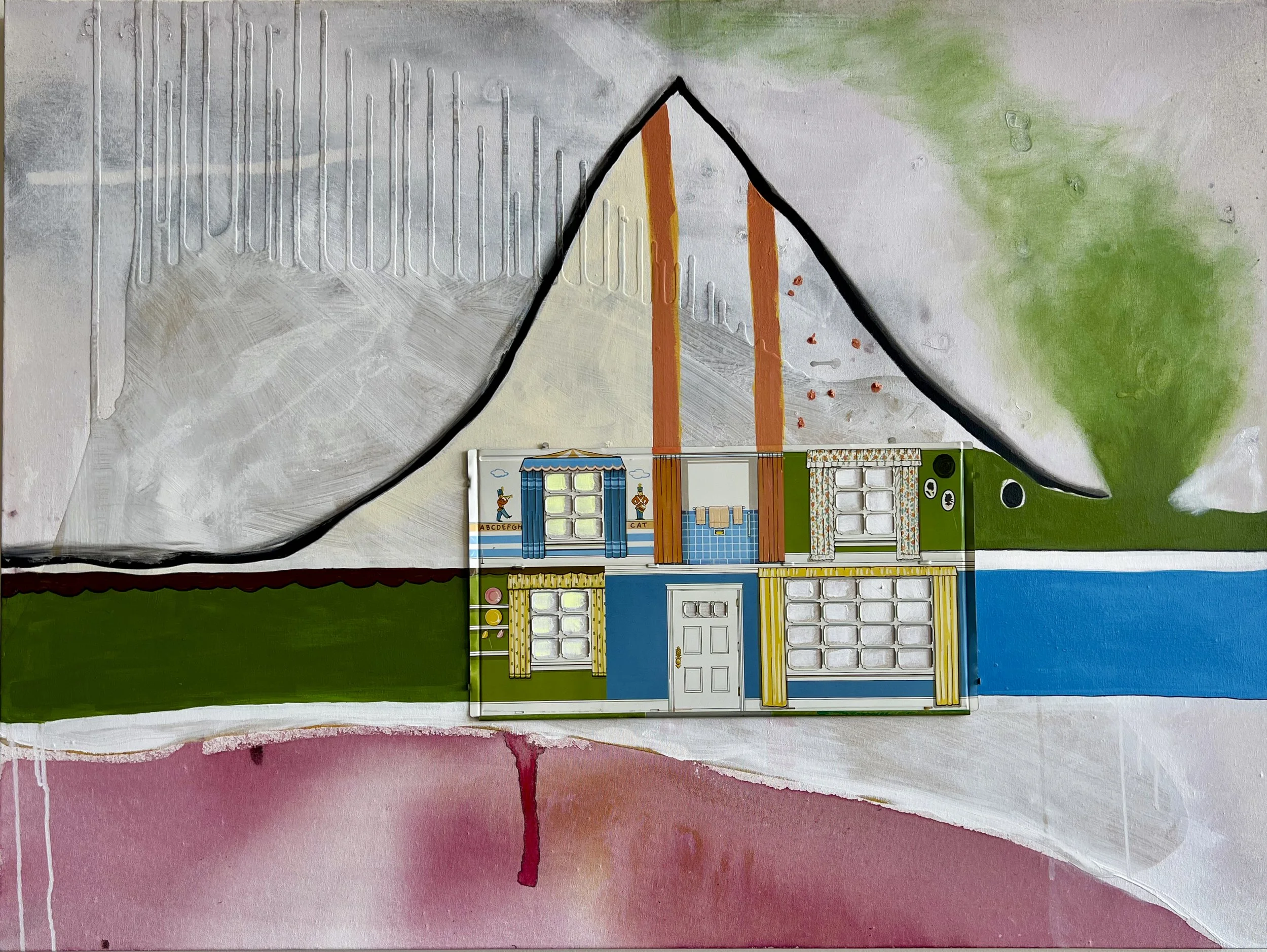 Artwork titled 'tornado sky', 48” x 36”  Tin-Litho, acrylic paint on canvas (2023)