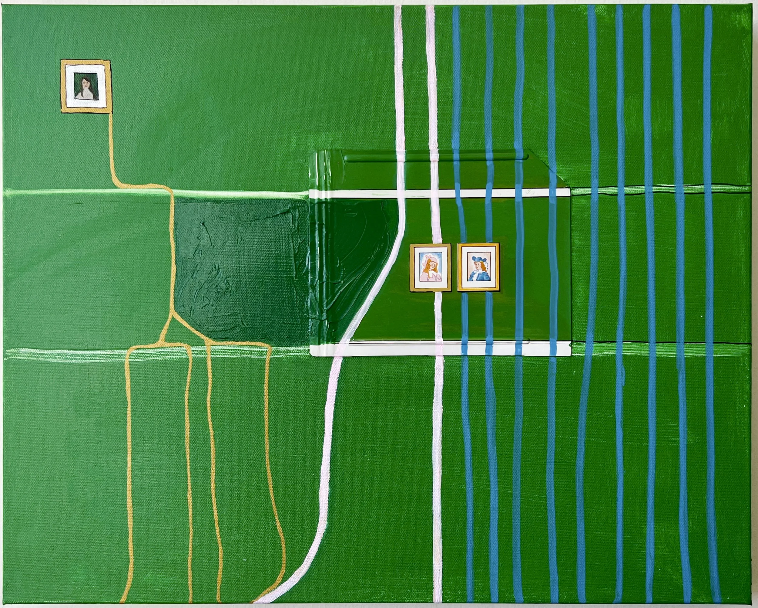 Artwork titled 'the fates', 20” x 16”  Tin-Litho dollhouse piece, acrylic paint on canvas (2023)