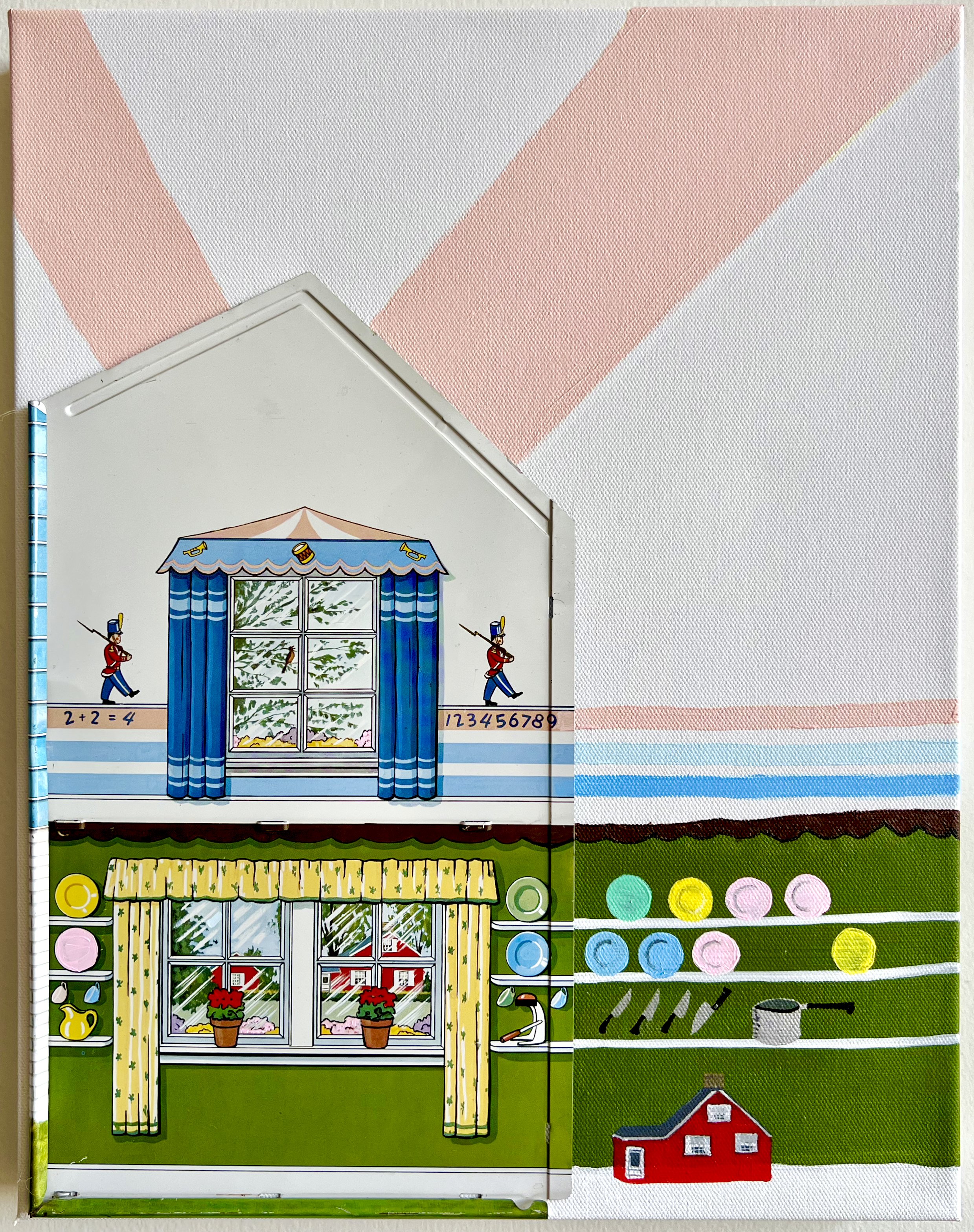 Artwork titled 'nothing to say, but the plates are put away.', 14” x 18”  Tin-Litho dollhouse piece, acrylic paint on canvas (2023)