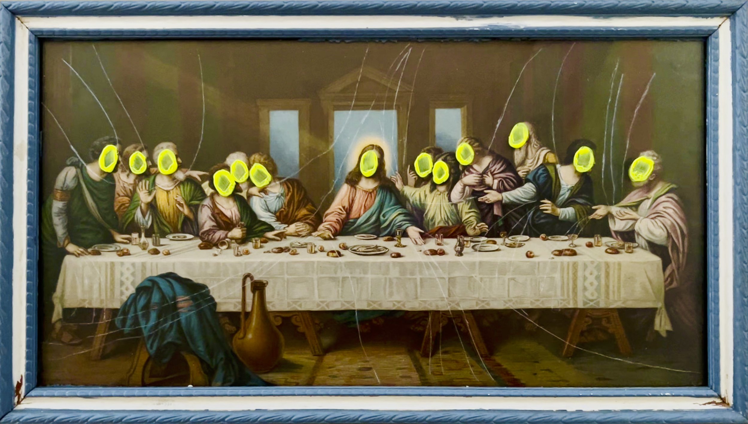 Artwork titled 'Anonymous Disciples', 16” x 9”  Framed 1960’s print of the last supper, carved glass, neon yellow acrylic paint (2023)