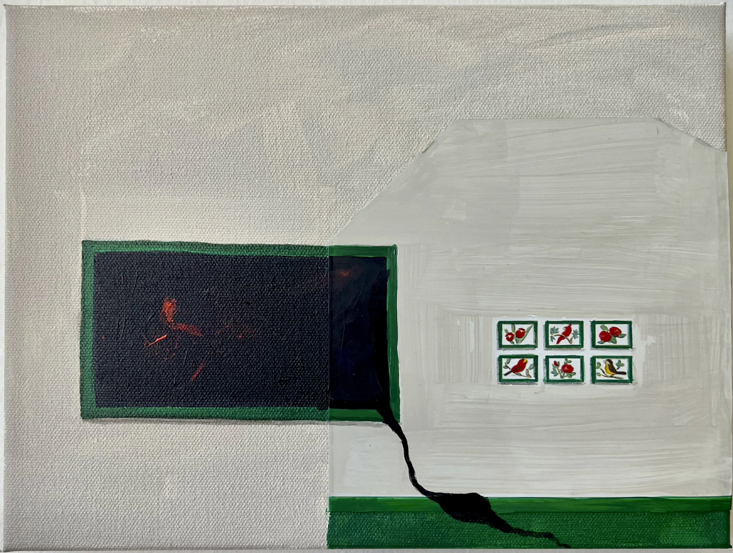 Artwork titled 'just one abstract', 12” x 9”  Tin-Litho, acrylic paint on canvas  (2023)