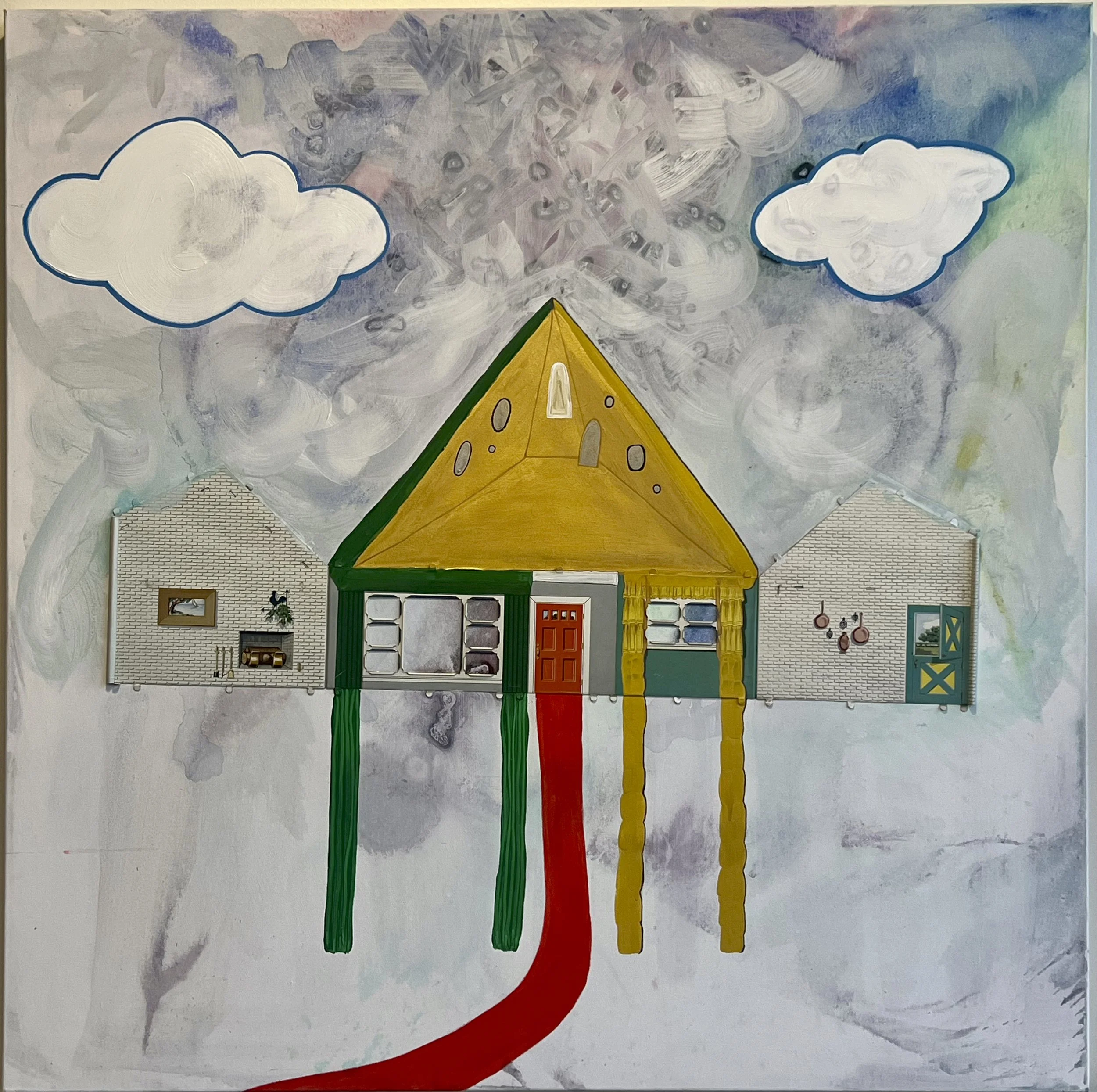 Artwork titled 'safety of a golden attic', 40” x 40”  Tin-Litho, acrylic paint on canvas (2023)