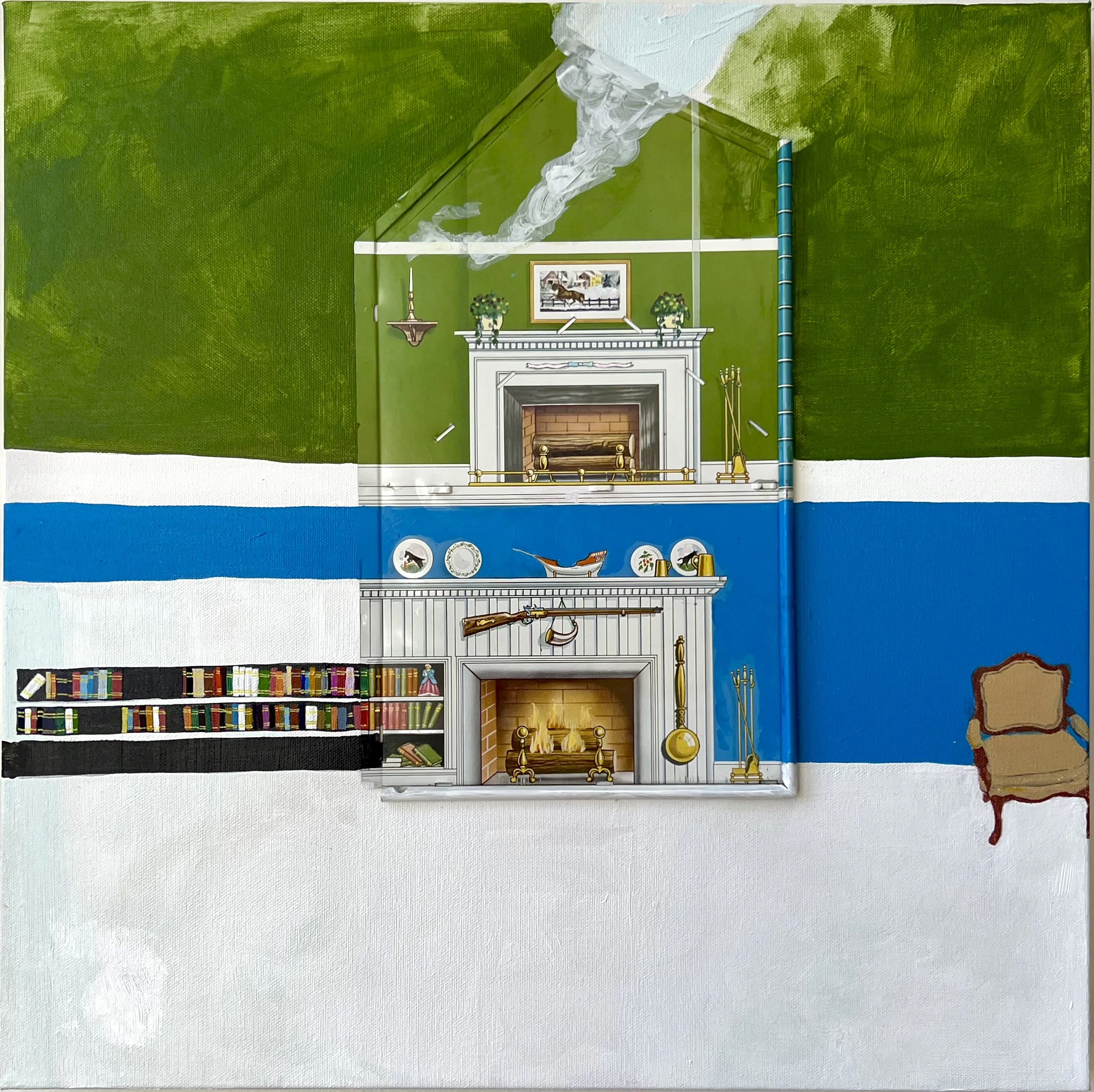 Artwork titled 'living rooms', 20” x 20”  Tin-Litho, acrylic paint on canvas  (2023)