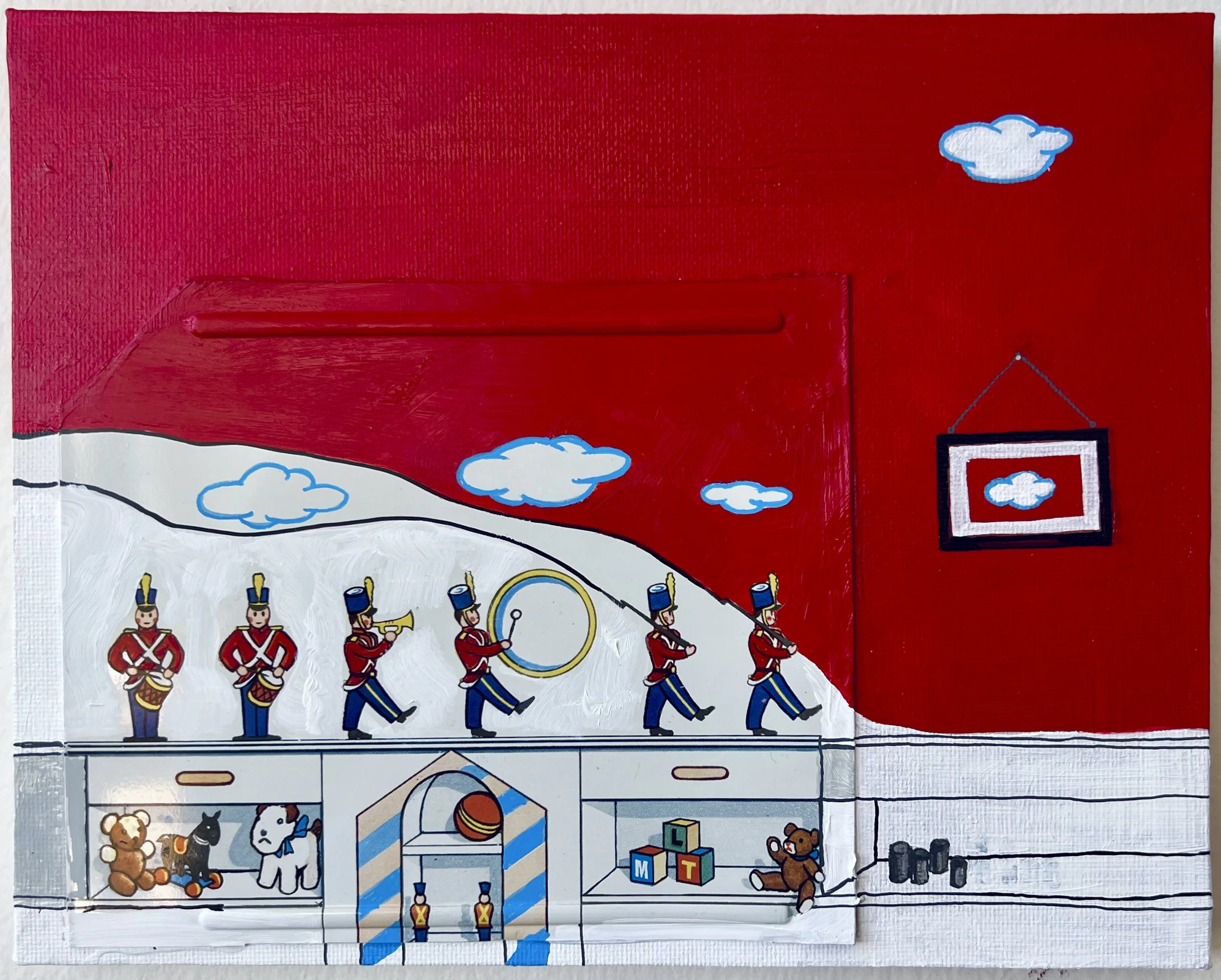 Artwork titled 'sad toys and soldiers', 10” x 8”  Tin-Litho, acrylic paint on canvas (2023)