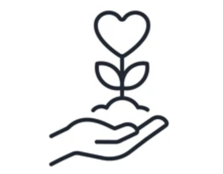 Line drawing of a hand holding soil with a sprouting plant shaped like a heart.