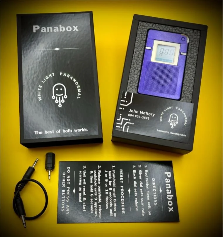 Purple Panabox Spirit Box package & contents  - AM Sweep Ghost Box for Paranormal Investigation