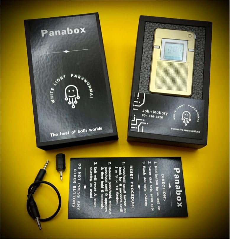 Gold Panabox Spirit Box package & contents  - AM Sweep Ghost Box for Paranormal Investigation