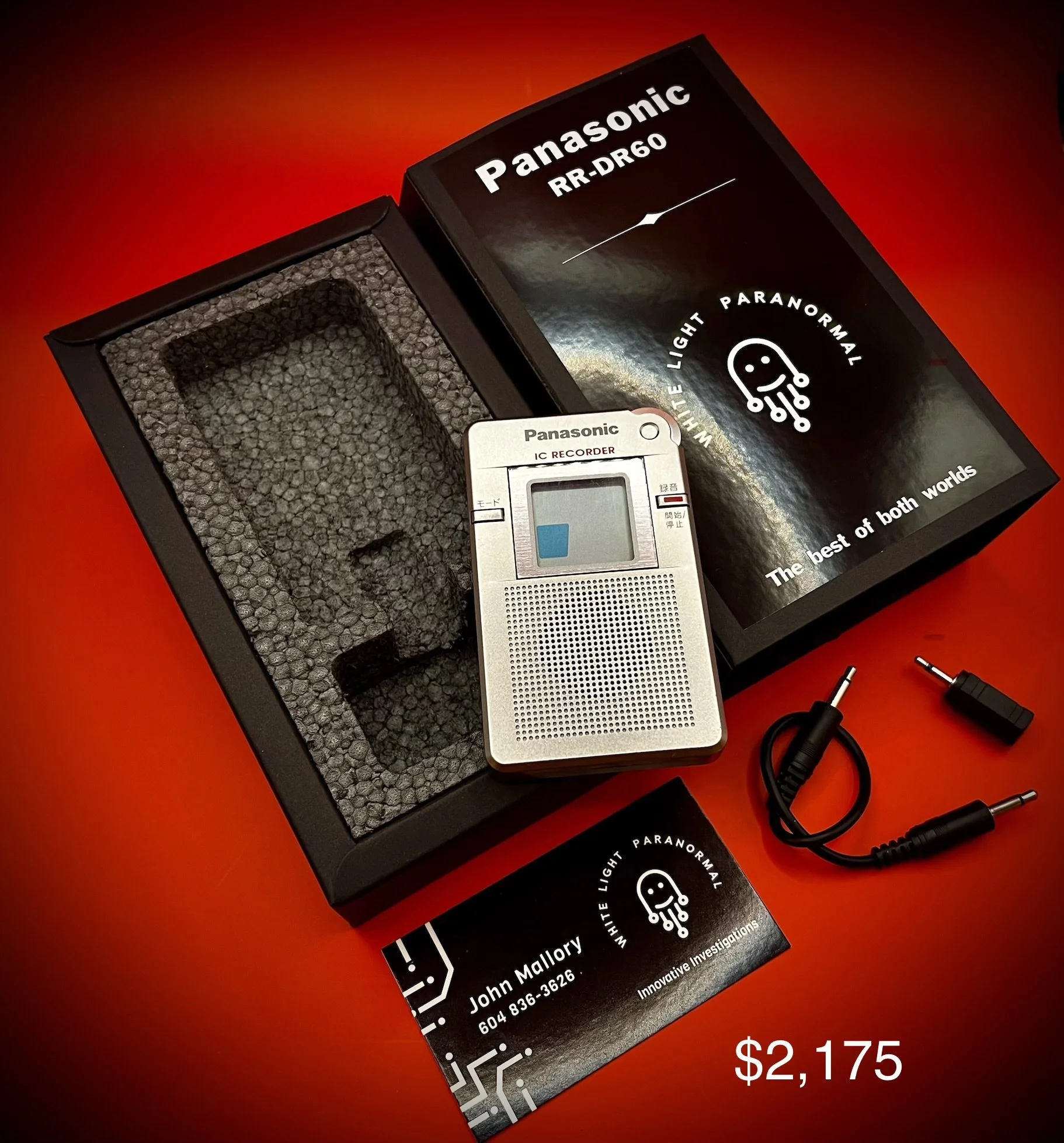 Panasonic RR-DR60 digital voice recorder and accessories rare IC recorder EVP paranormal research- red background
