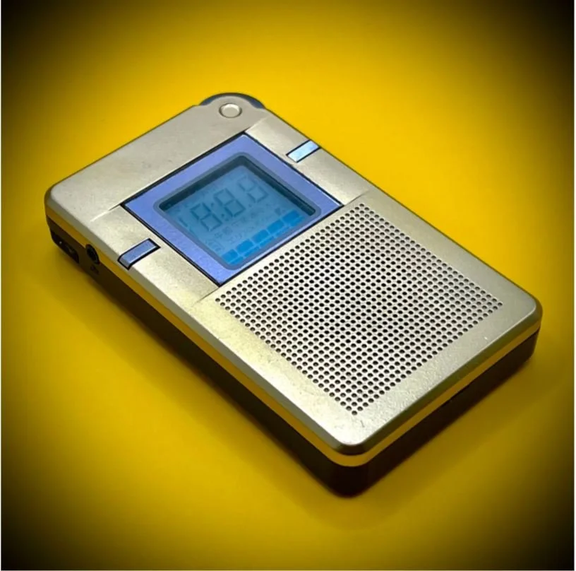 Gold Panabox Spirit Box angled view - AM Sweep Ghost Box for Paranormal Investigation