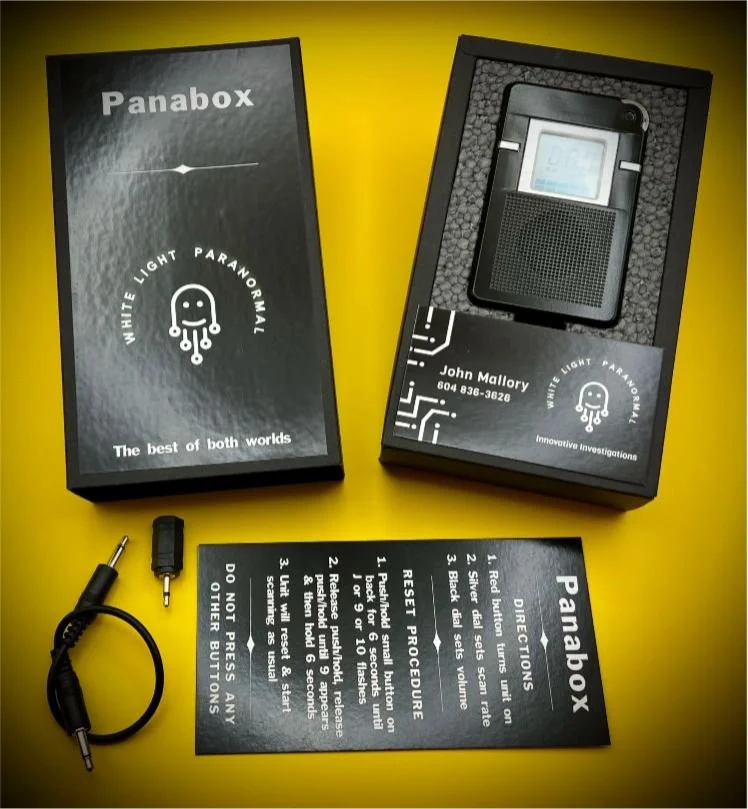 Black Panabox Spirit Box package & contents  - AM Sweep Ghost Box for Paranormal Investigation