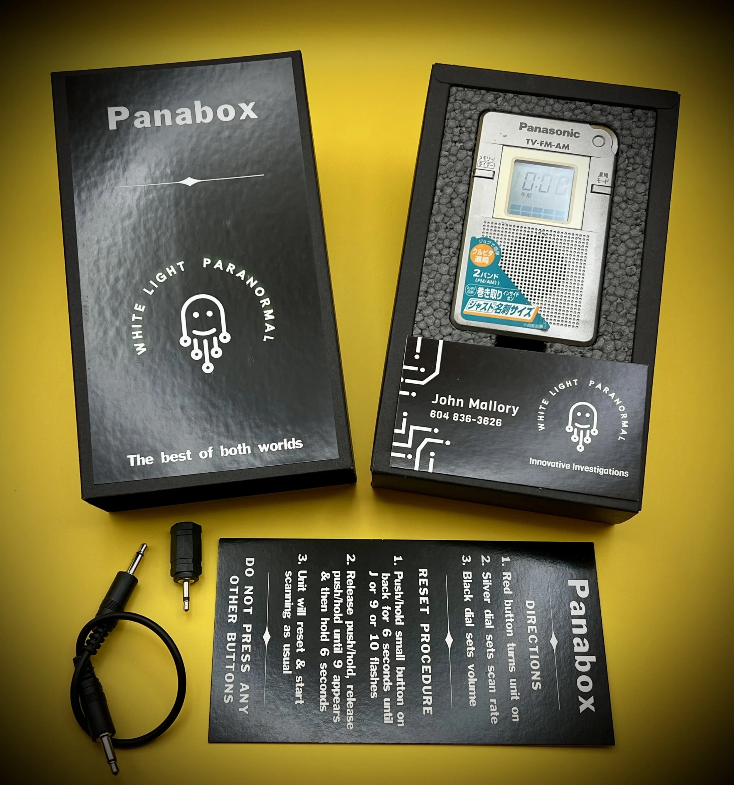 Silver Panabox Spirit Box package & contents  - AM Sweep Ghost Box for Paranormal Investigation