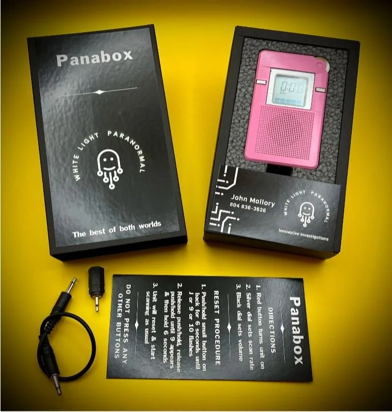Light Pink Panabox Spirit Box package & contents  - AM Sweep Ghost Box for Paranormal Investigation