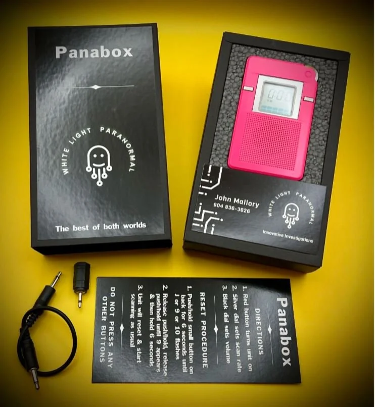 Hot Pink Panabox Spirit Box package & contents  - AM Sweep Ghost Box for Paranormal Investigation