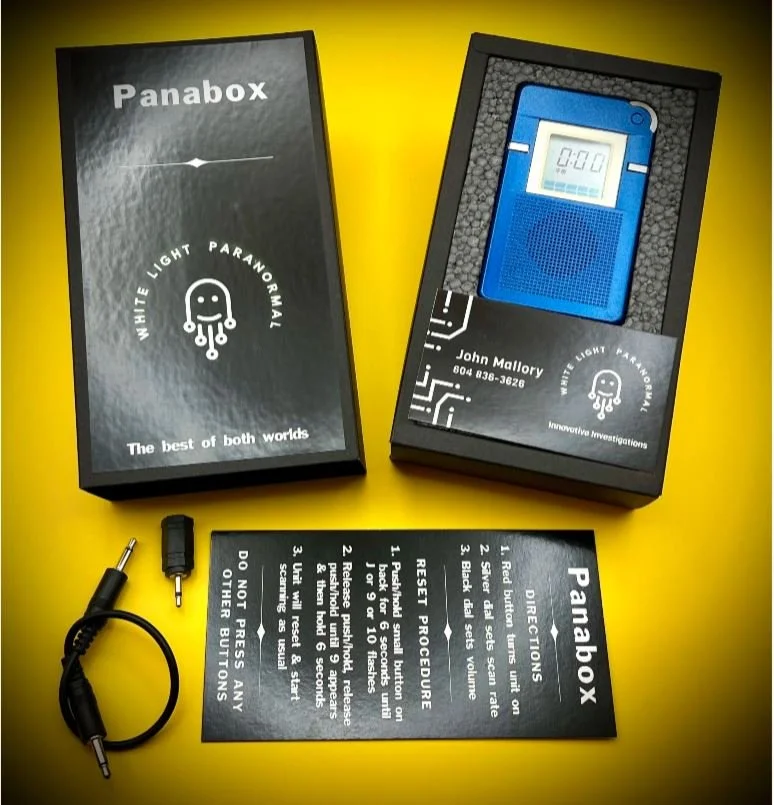 Blue Panabox Spirit Box package & contents  - AM Sweep Ghost Box for Paranormal Investigation