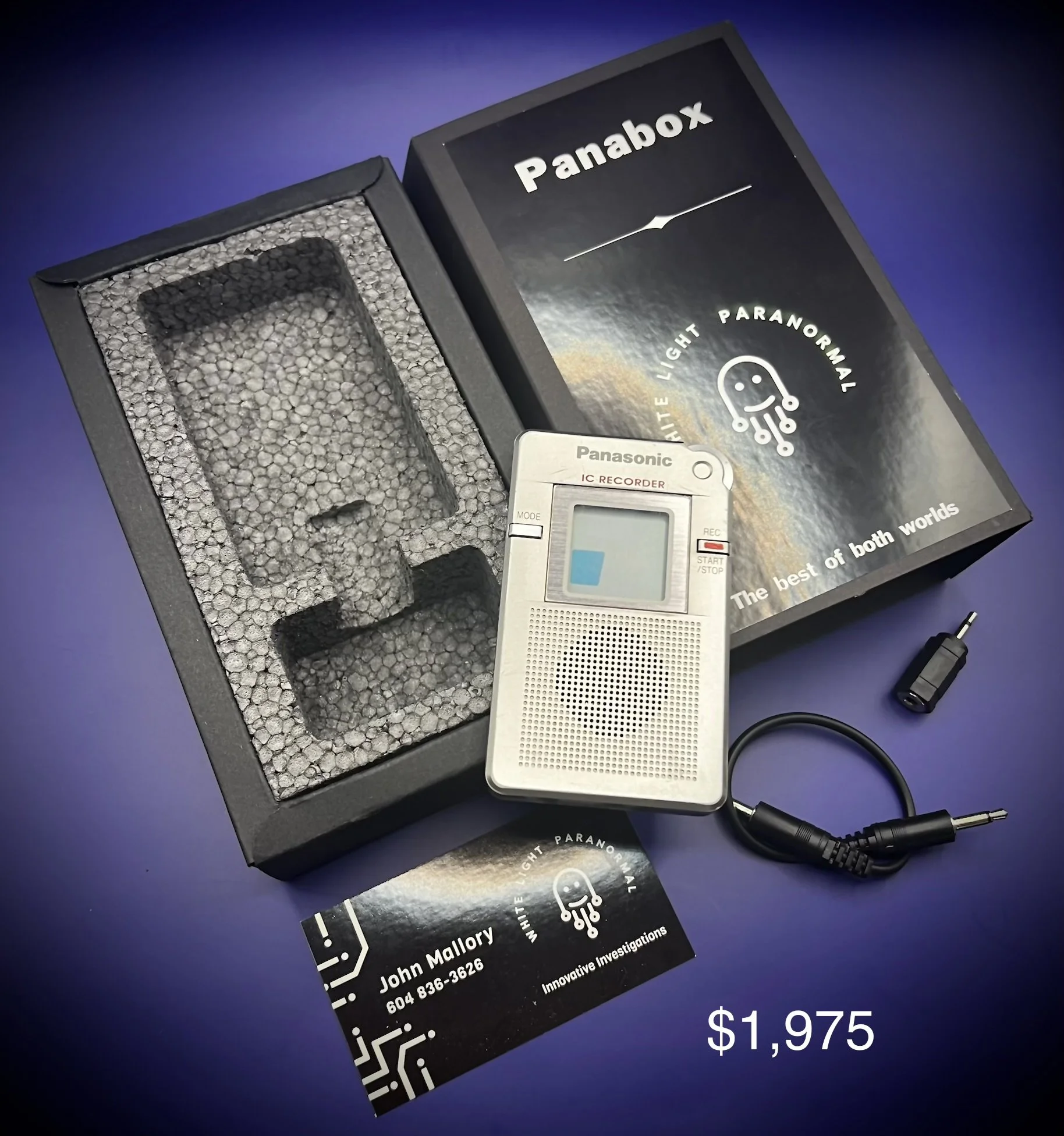 Panasonic RR-DR60 digital voice recorder and accessories rare IC recorder EVP paranormal research- blue background