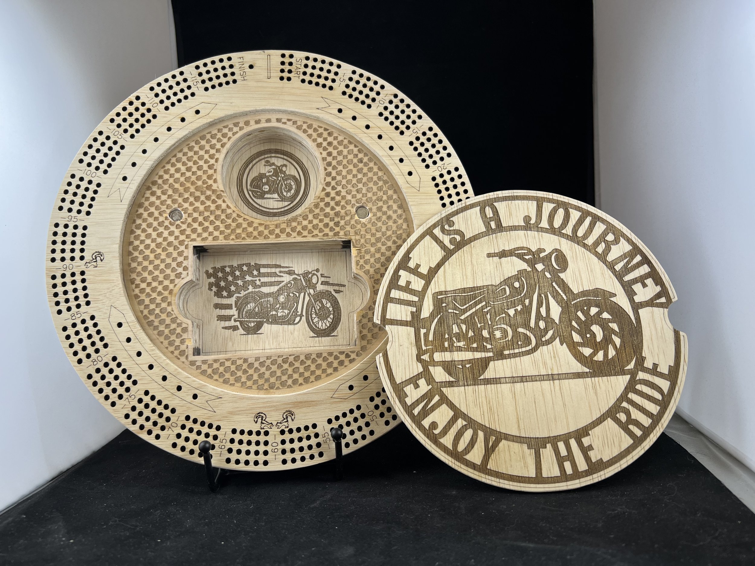 Motorcycle round cribbage board
