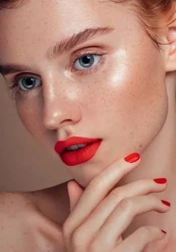 red haired woman with glowing skin, red lipstick and red nail polish