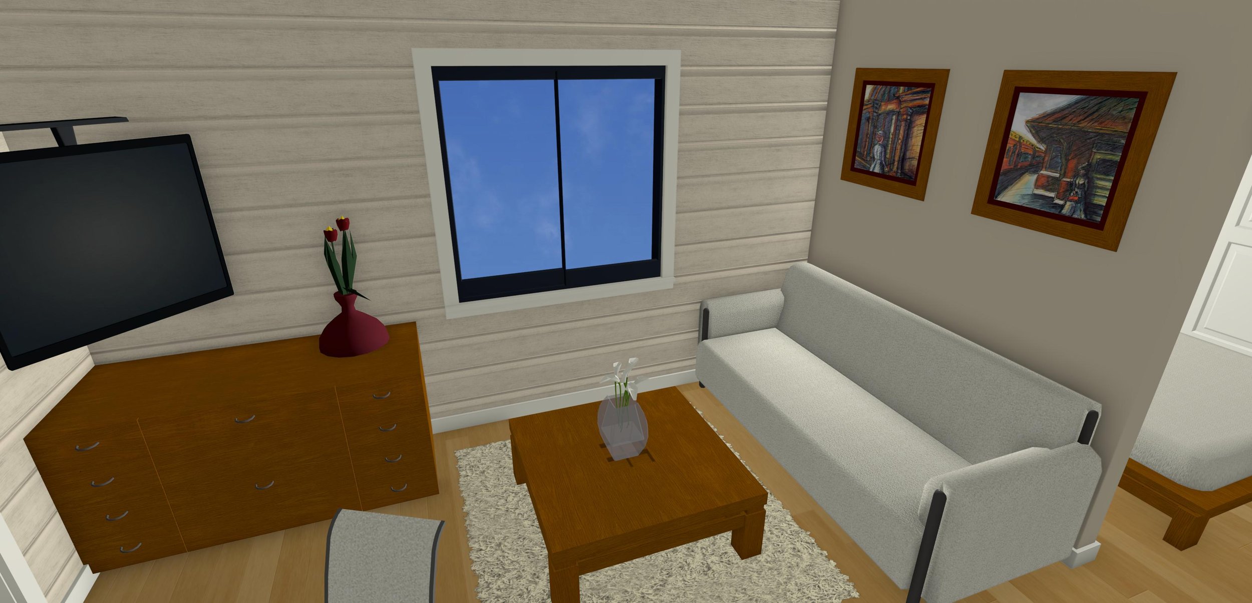 Modern living room with a gray couch, wooden coffee table, wall-mounted TV, and decorative paintings. A window shows a blue sky view. A red vase with flowers sits on a wooden cabinet.
