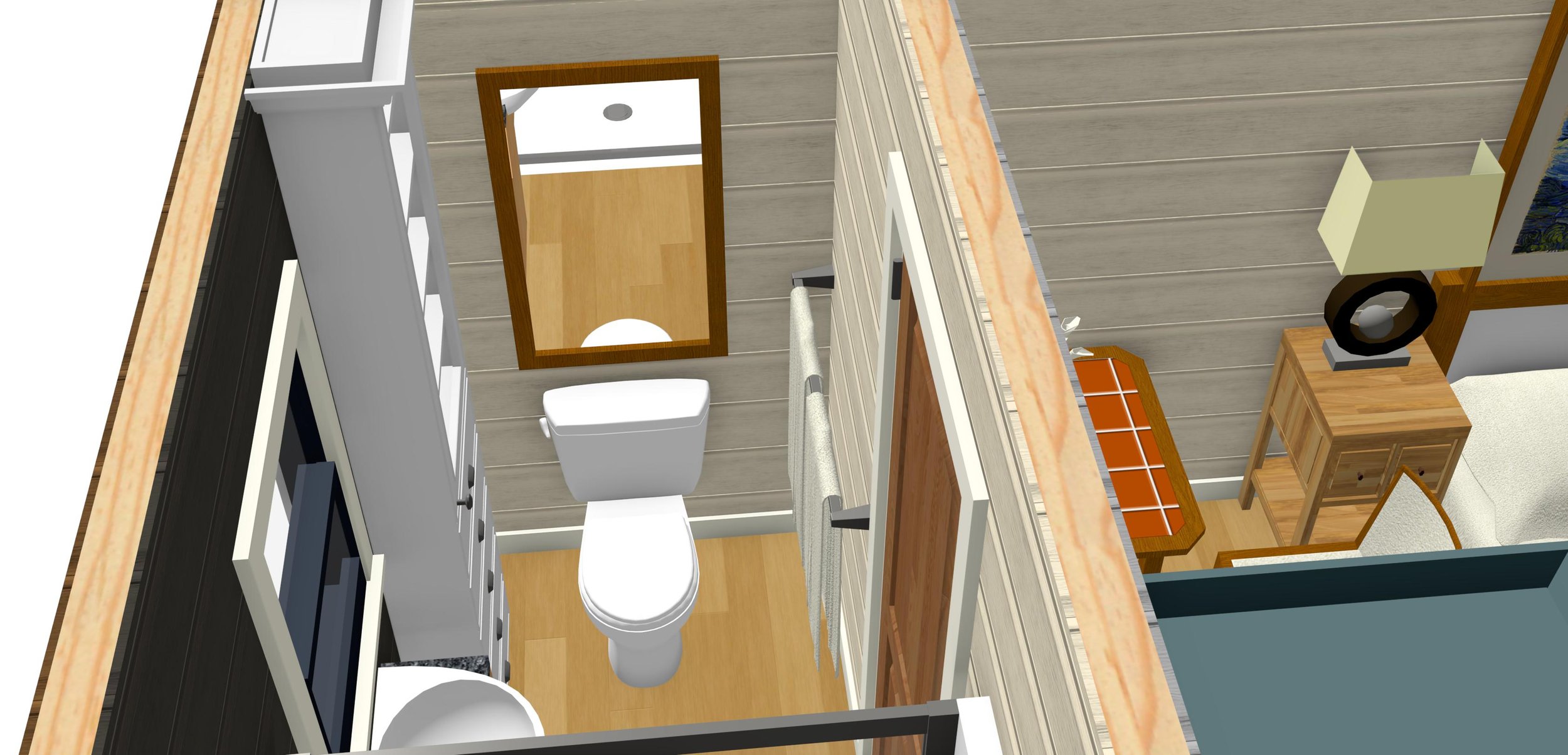 3D rendering of a small bathroom with a toilet, sink, and mirror on one side, and a towel rack on the opposite wall. Adjacent room includes a nightstand with a lamp and a piece of artwork on the wall.