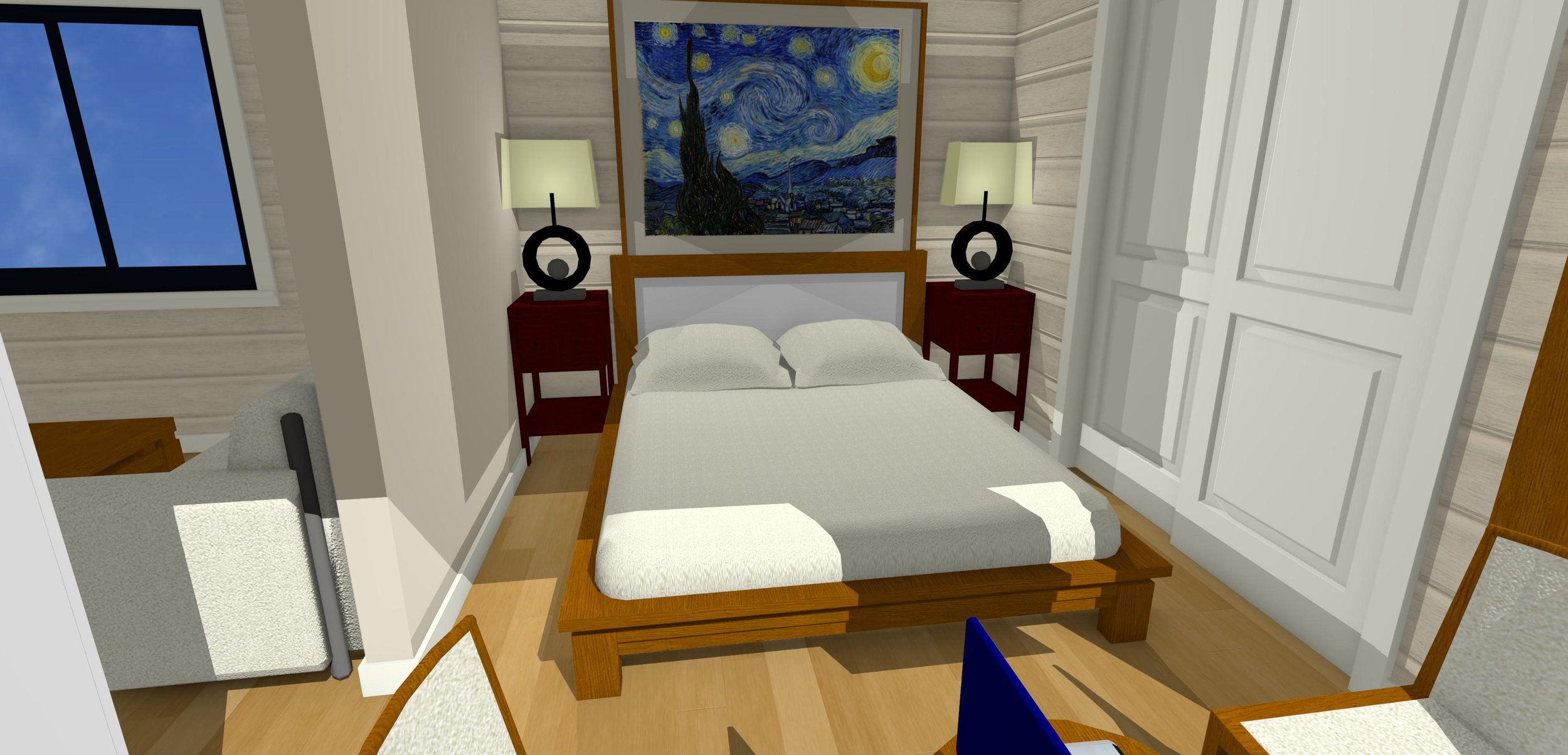 Modern bedroom interior with a wooden bed frame, two bedside tables with lamps, and a Starry Night painting above the headboard. A window and a glimpse of a chair are visible.