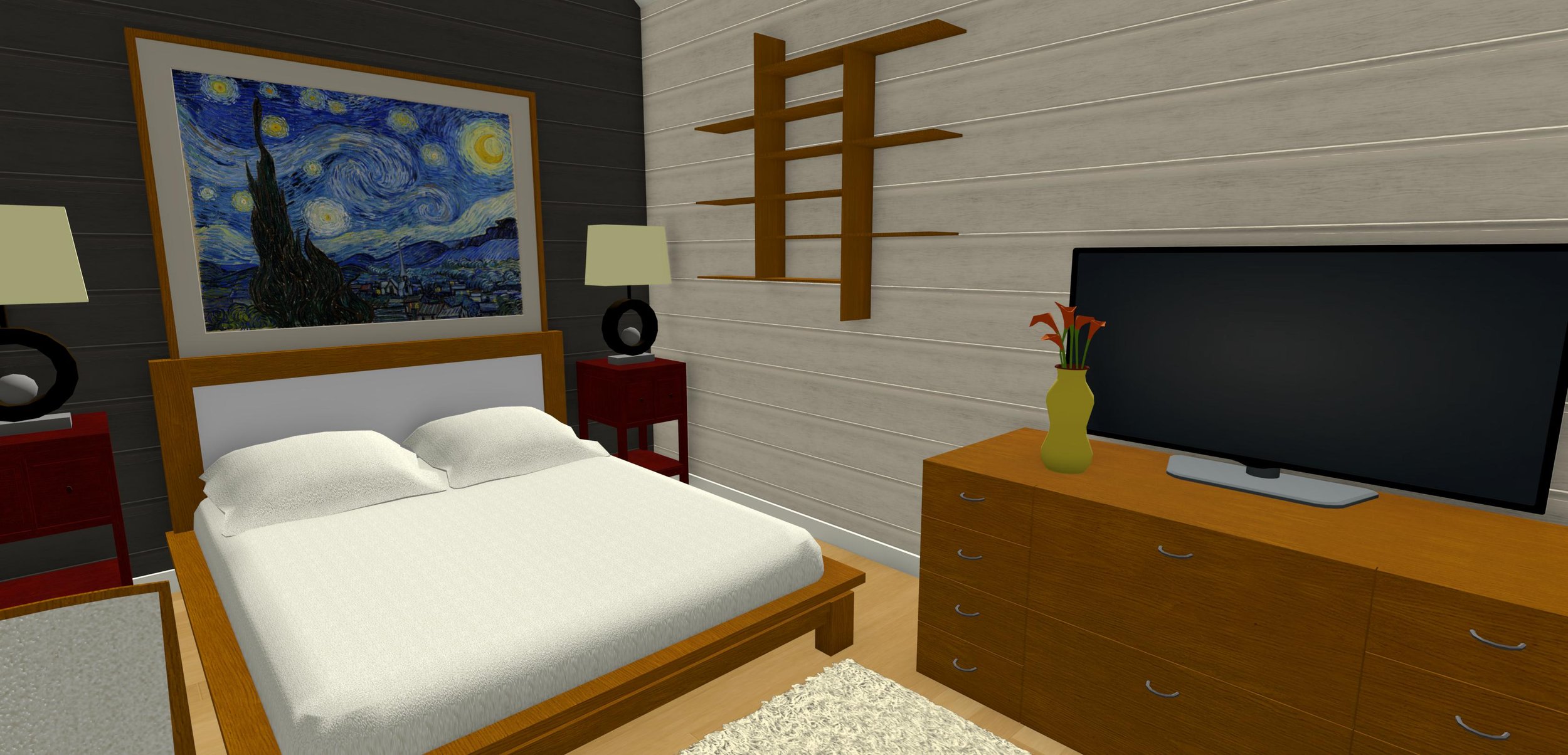 Bedroom with a bed, nightstands, painting, TV, and wall shelves. The bed has white bedding, and there's a dresser with a TV and flowers in a vase. A piece of art is above the bed and the floor is wooden.