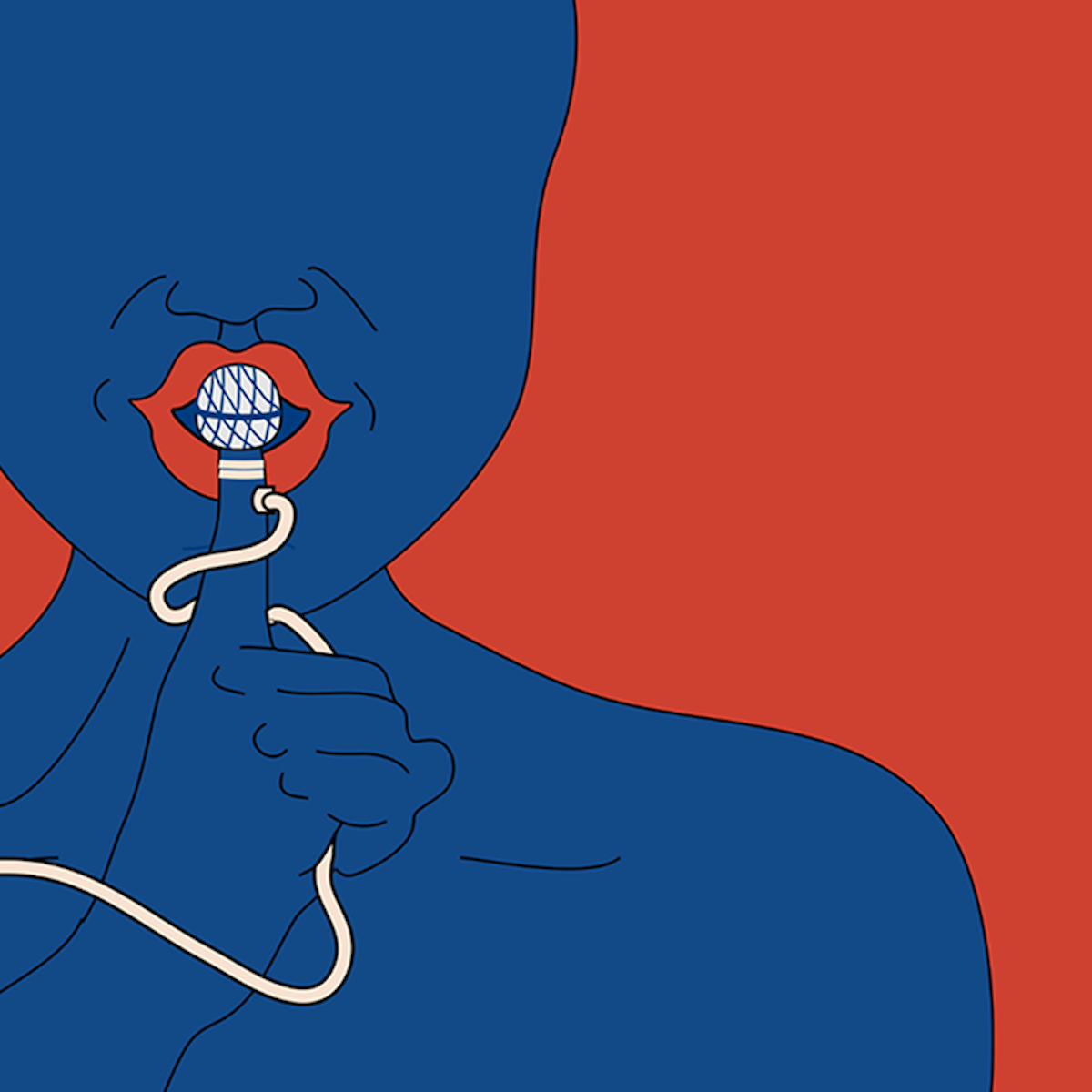 Illustrated figure holding their finger to their lips, which is shaped like a microphone - promo art for Darkest Thoughts improvised English stand-up comedy game-show in Berlin