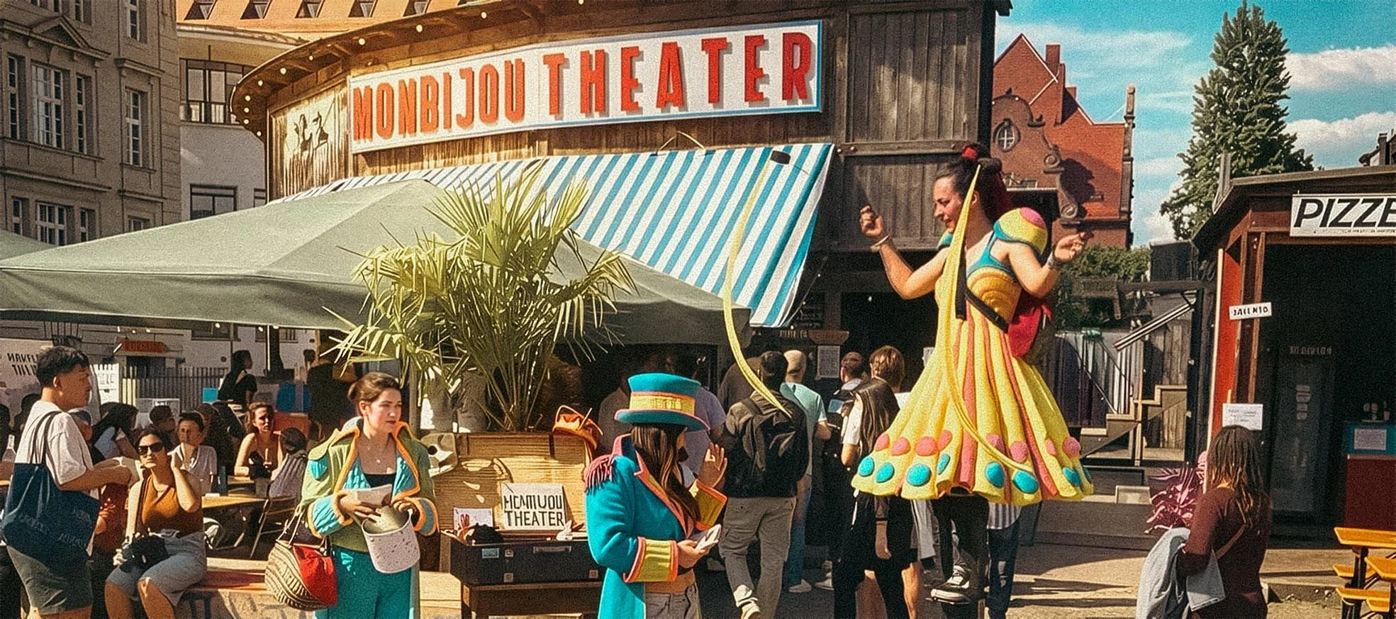 The Monbijou Theater street entrance in daytime under its striped awning, with costumed performers and people gathered outside, in Berlin