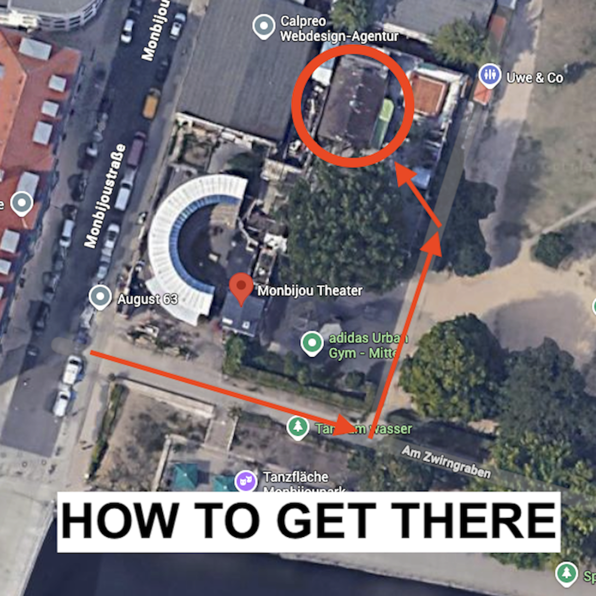 An satellite image of Monbijou Theater in Berlin Mitte, with arrows showing how to get from the street to the back entrance where the indoor stage is located, which is the venue for Darkest Thoughts Comedy Game-show every Saturday from September 2026
